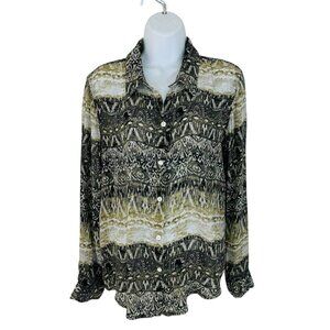 APNY Women's Size L Abstract Print Artsy Roll Tab Sleeves Black Green Blouse